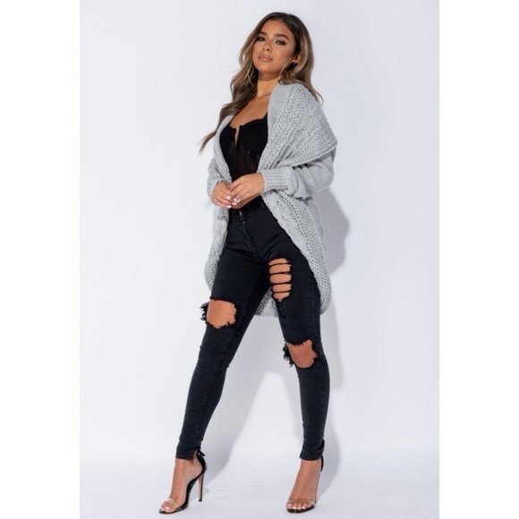 Grey Chunky Cable Knit Long Sleeve Shawl Collar Open Front Midi Cardigan - Picture 3 of 11